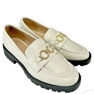 Chunky Y2K White/Creme Oxford loafers Lug Sole Like New 8.5 slip-on Gold Buckle